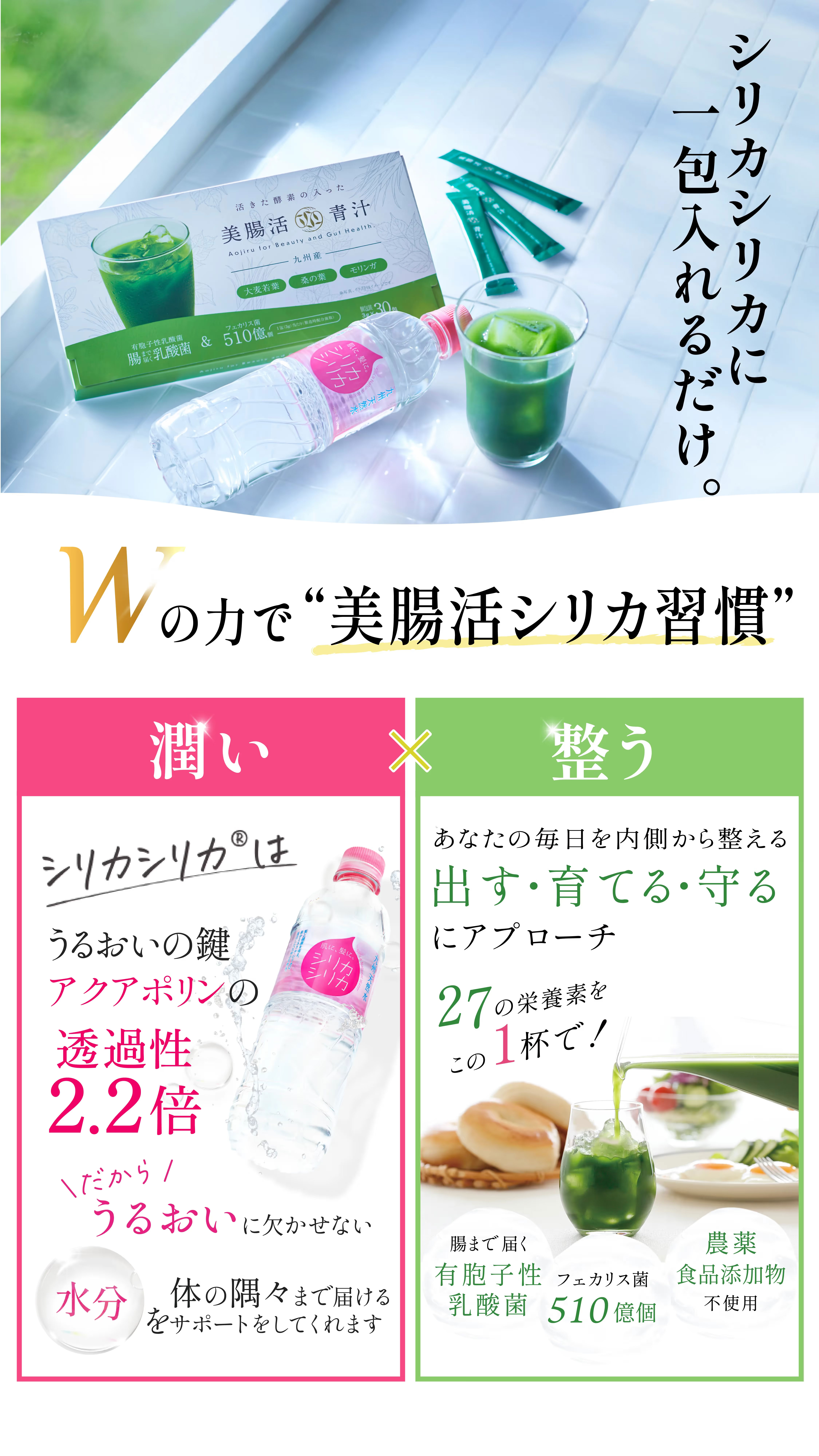 Wアプローチ：シリカシリカ×美腸活青汁